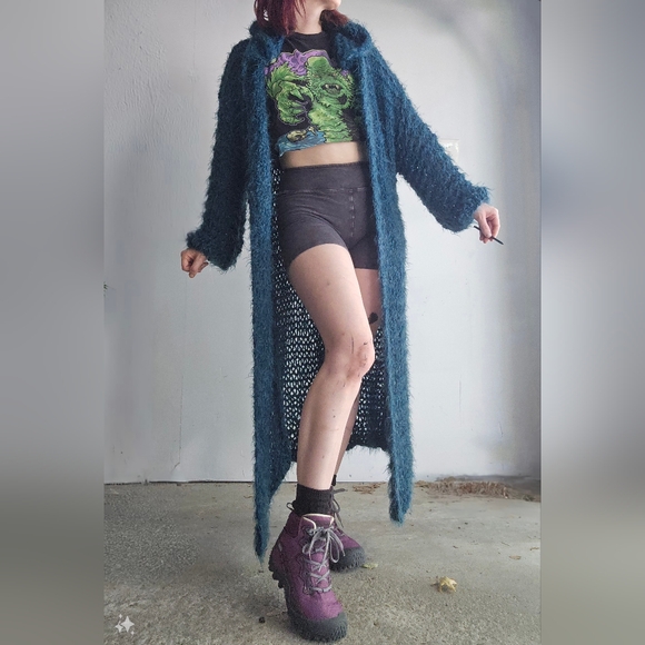 S/M Long knitted cardigan, teal knit cloak, oversized chunky full length duster - Picture 2 of 8